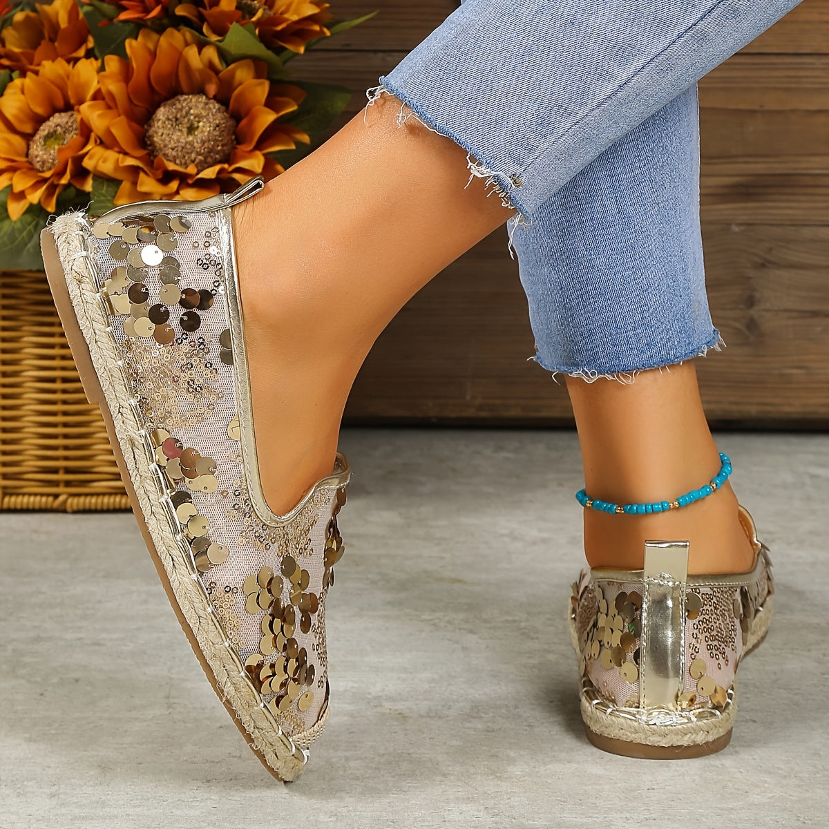 Sequins Mesh Panel Slip-On Espadrilles for Women