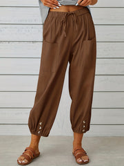 Cropped Pants Drawstring High Waist with Pockets