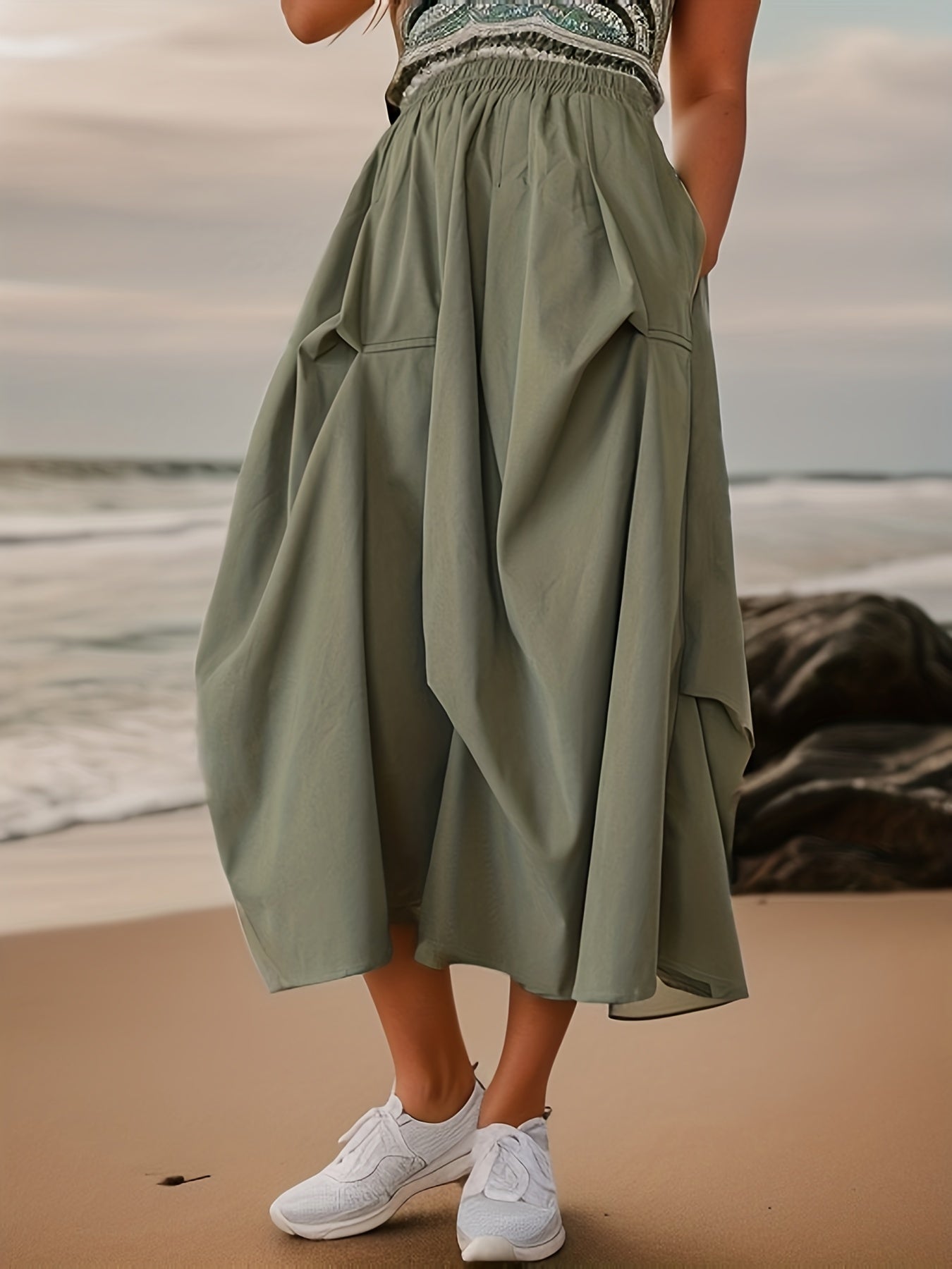 Solid Frill Elastic Waist Skirt for Spring & Summer