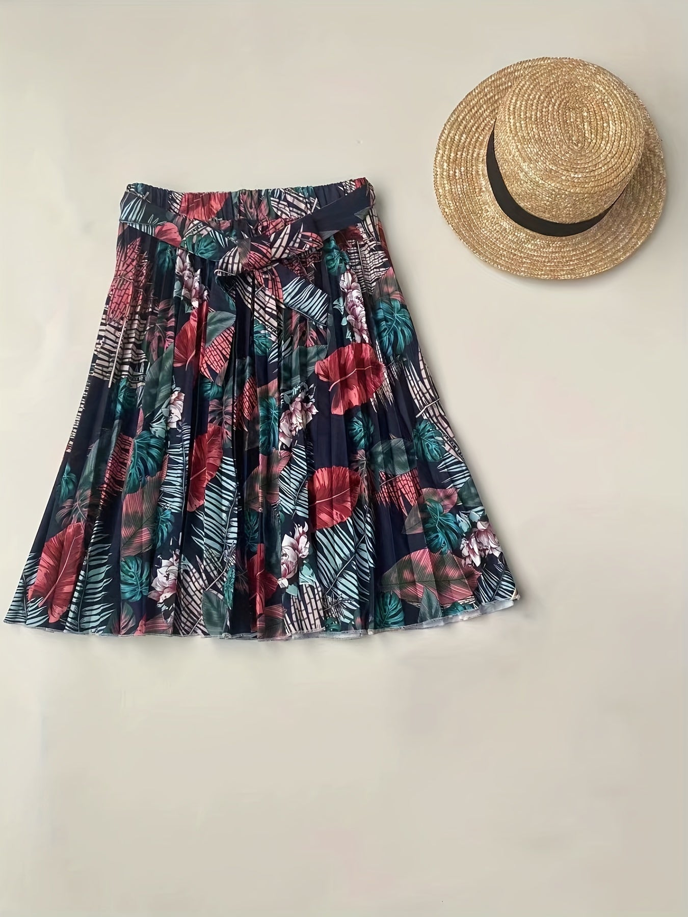 Floral Print Pleated Tie Waist Skirt for Women