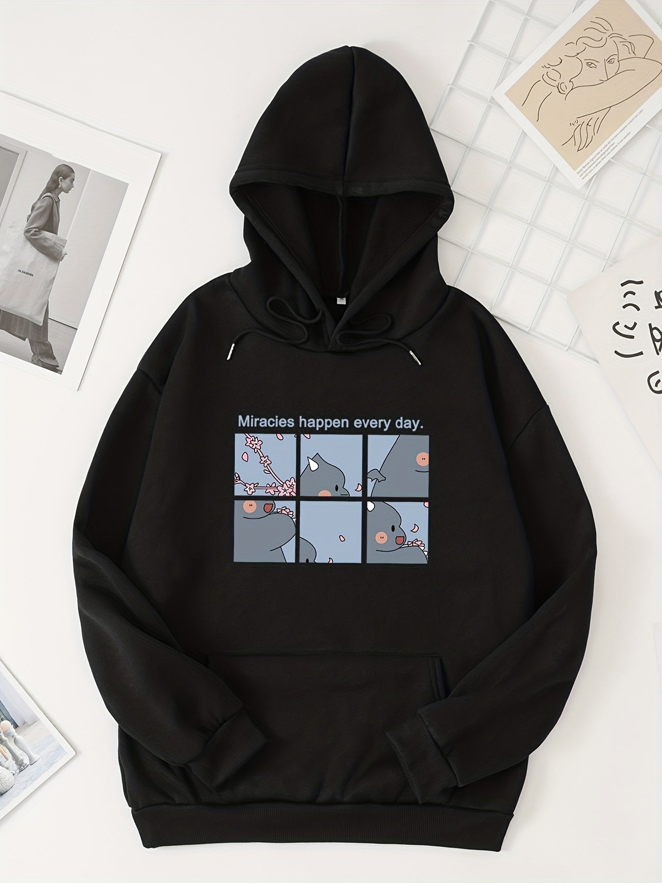 Graphic Print Kangaroo Pocket Hoodie Women's Clothing