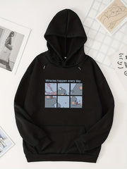 Graphic Print Kangaroo Pocket Hoodie Women's Clothing