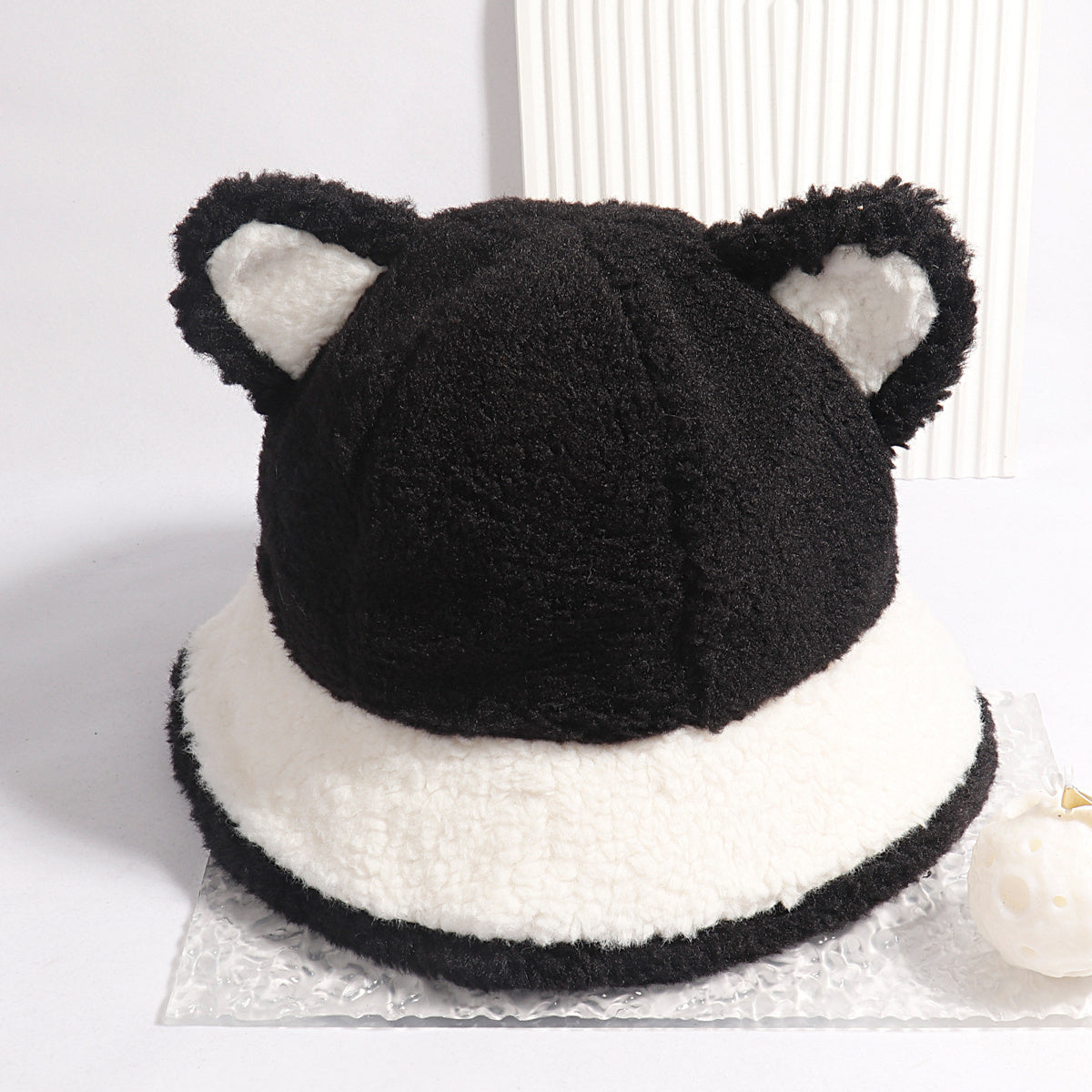 Women's Winter Furry Bucket Hat with Panda Bear Stitching