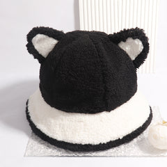 Women's Winter Furry Bucket Hat with Panda Bear Stitching