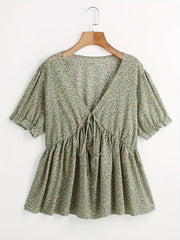Boho Blouse Women's V Neck Knot Peplum Top