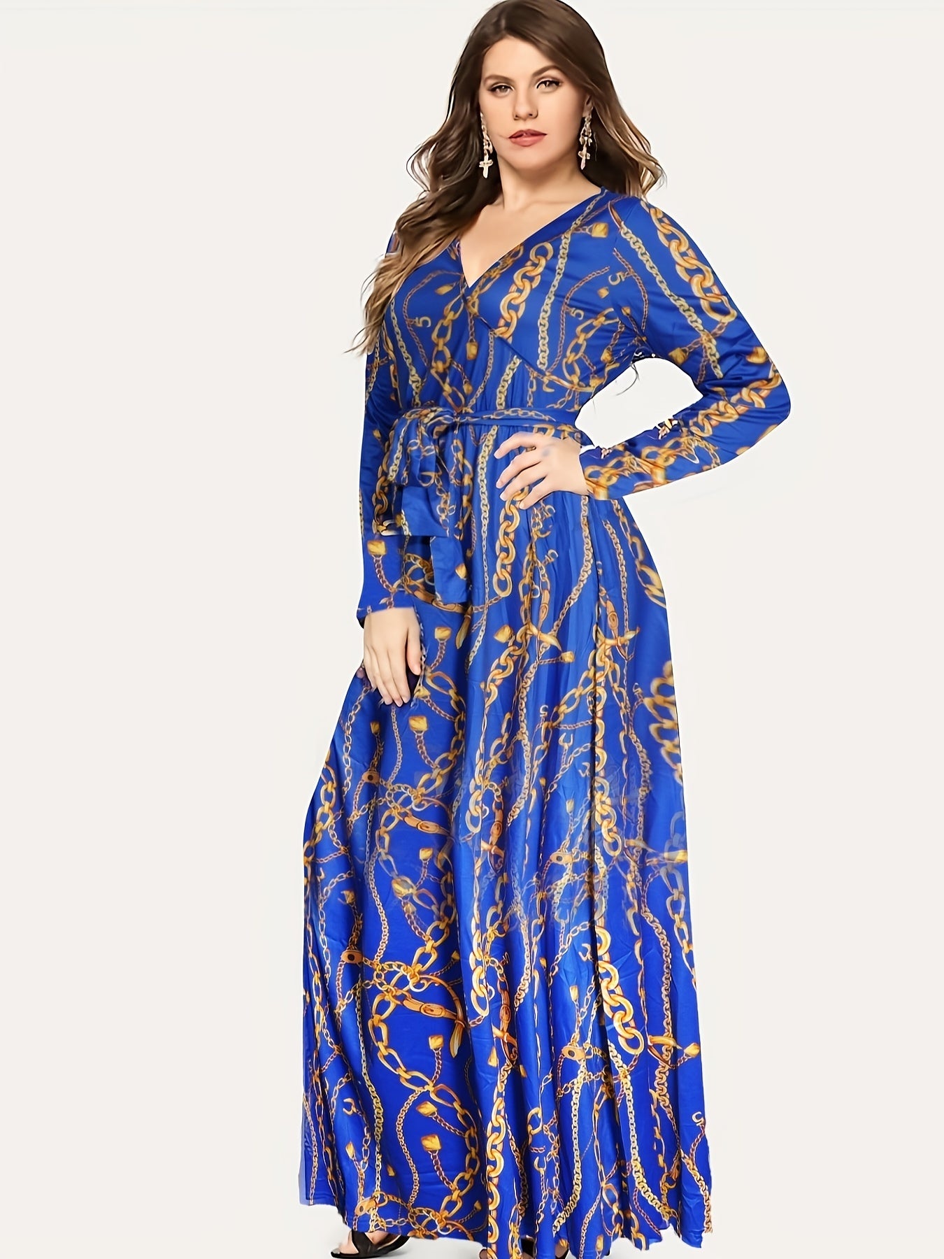 Women's Plus Chain Print Long Sleeve V Neck Maxi Dress