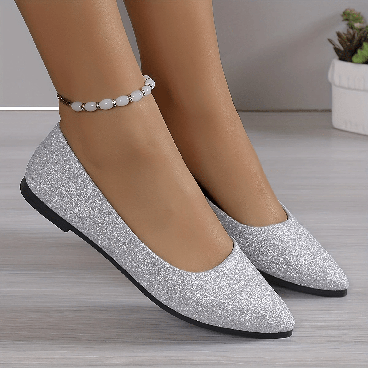 Women's Bling Ballet Flats Pointed Toe Glitter Soft Sole Slip On Shoes