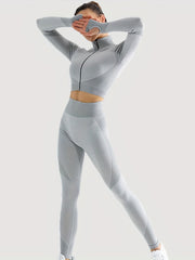 Yoga Crop Top & Leggings Set, Long Sleeve Zipper Workout, High Waist