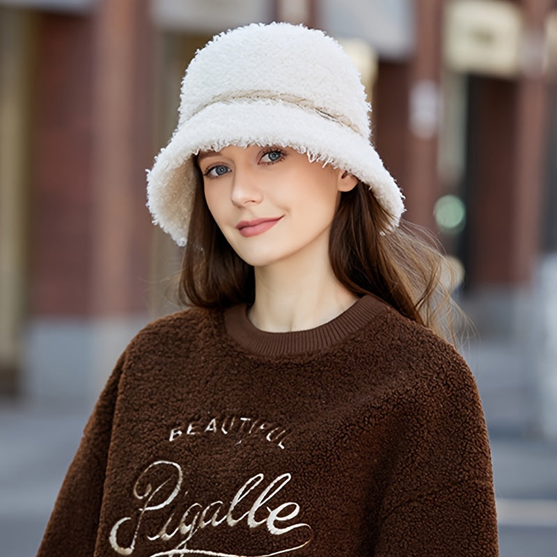 Faux Fur Bucket Hat Winter Thick Furry Fisherman Hat for Women