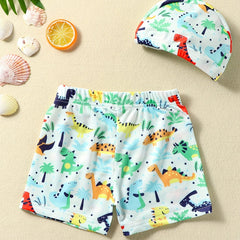 Boys Dino Swim Trunks & Cap Set for Beach Vacation