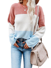 Women's Casual Crew Neck Block Long Sleeve Loose Knit Sweater