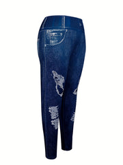 Women's Plus Denim Print High Rise Stretchy Yoga Skinny Leggings