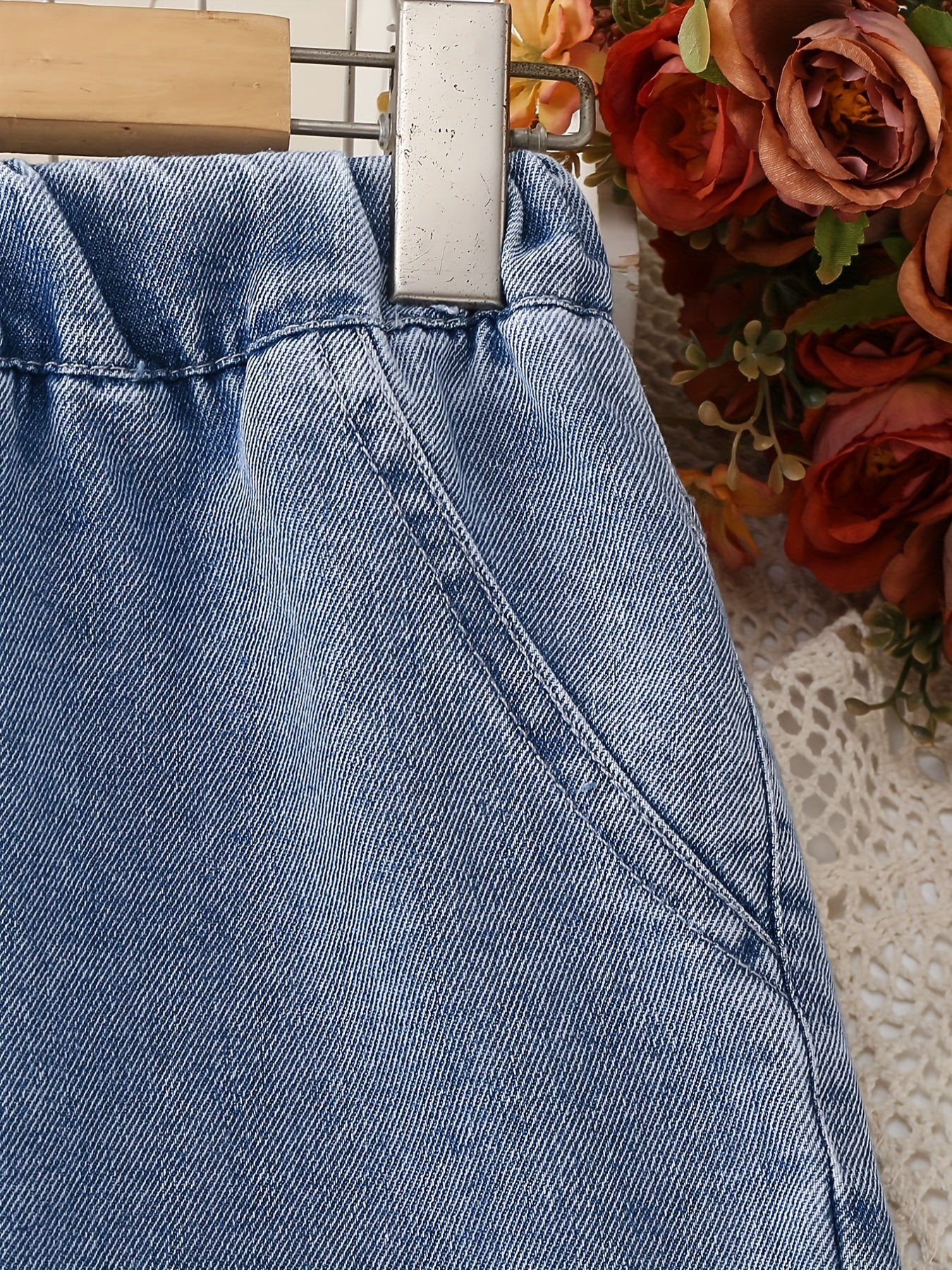 Girls' Casual Ripped Jeans Elastic Waist Wide Leg Denim Pants
