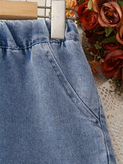 Girls' Casual Ripped Jeans Elastic Waist Wide Leg Denim Pants