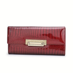 Red Patent Leather Long Clutch Purse Crocodile Texture Card Slots Golden Clasp