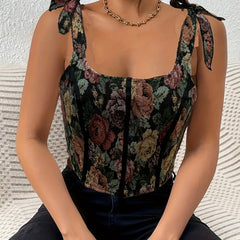 Vintage Floral Print Top Sleeveless Zipper Knotted Summer Top