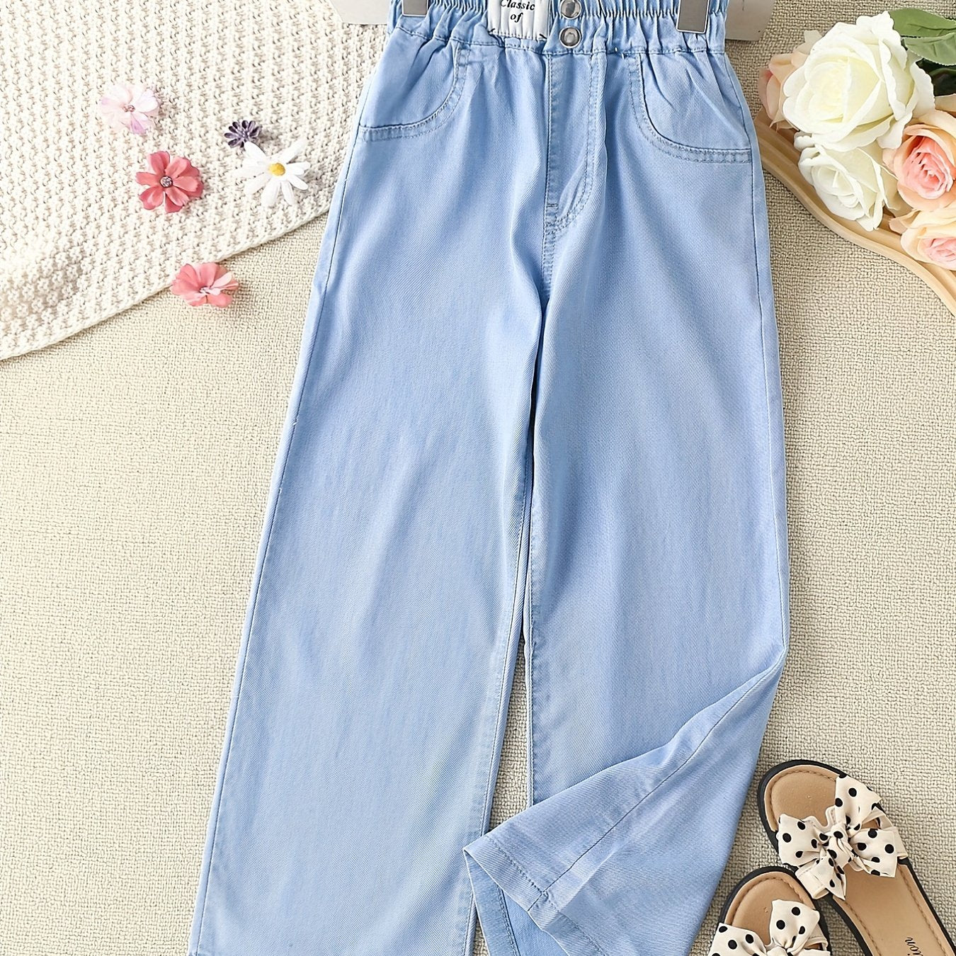 Girls Loose Casual Jeans Elastic Waist Letter Patched Wide Leg Denim Pants