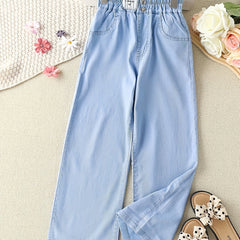 Girls Loose Casual Jeans Elastic Waist Letter Patched Wide Leg Denim Pants