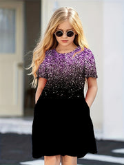 Girls Sequin Print Short Sleeve Dress for Summer