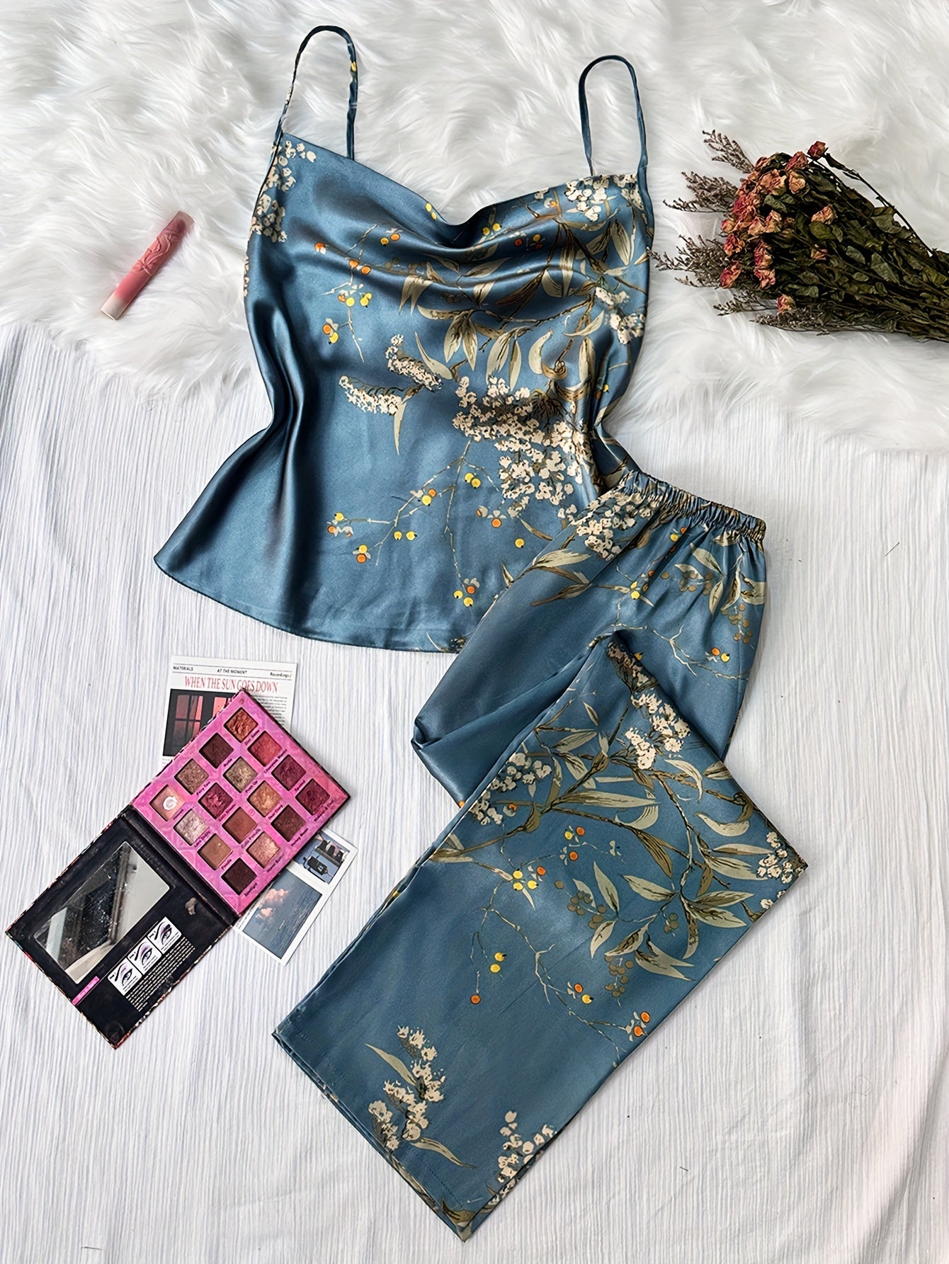 Floral Print Pajama Set Draped Collar Cami Top & Elastic Waistband Pants