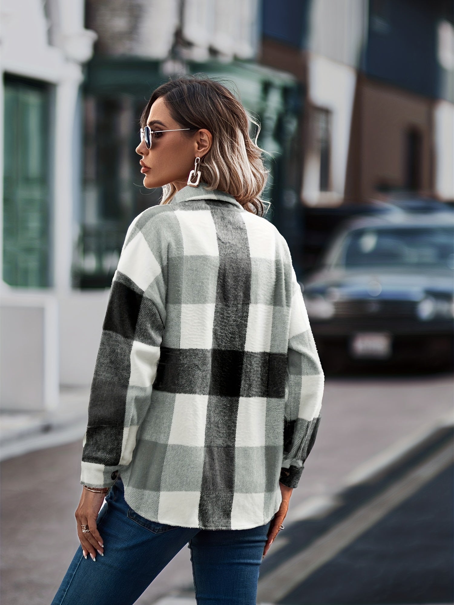 Plaid Print Shacket Jacket Collared Outerwear Women's Clothing