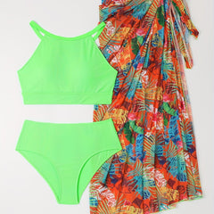 Ribbed Halter Bra Bikini Set with Cover Up Skirt
