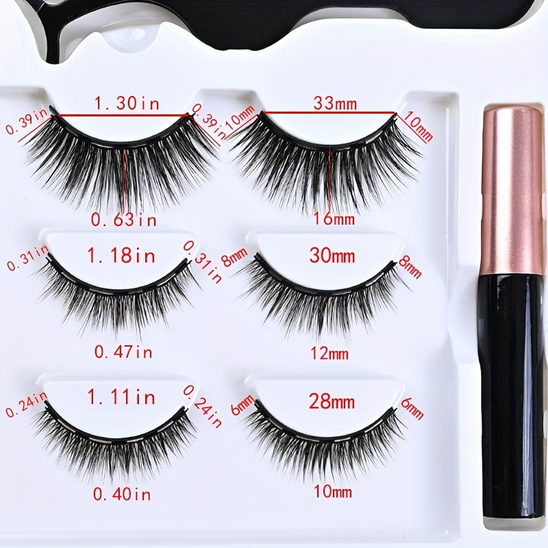 3 Pairs Magnetic Eyelash Set with Liquid Pen, Tweezers & Glue