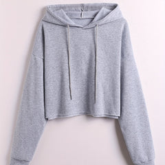 Solid Drawstring Crop Hoodie Long Sleeve Sweatshirt Women's Clothing
