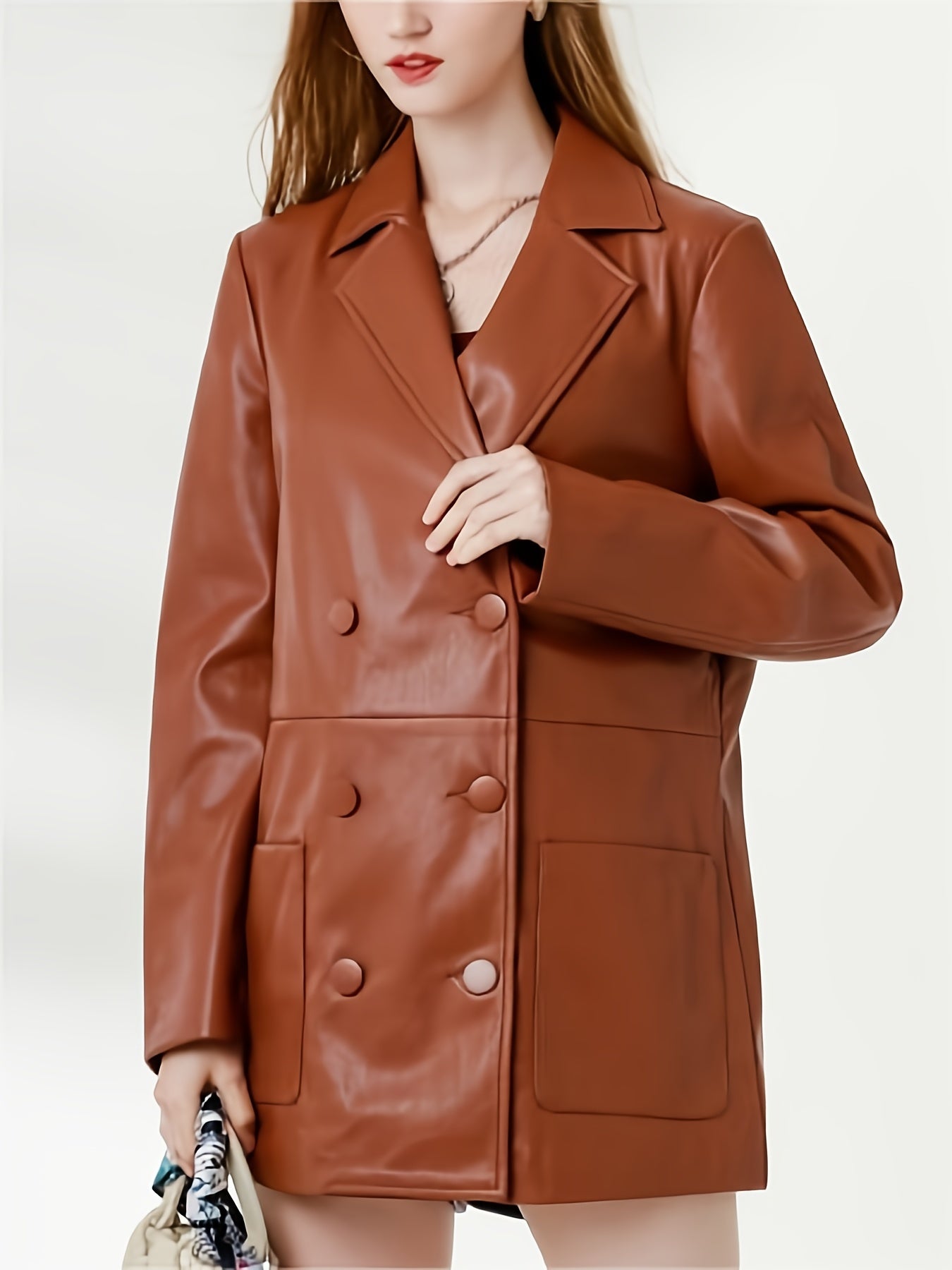 PU Leather Double Breasted Blazer Long Sleeve Lapel