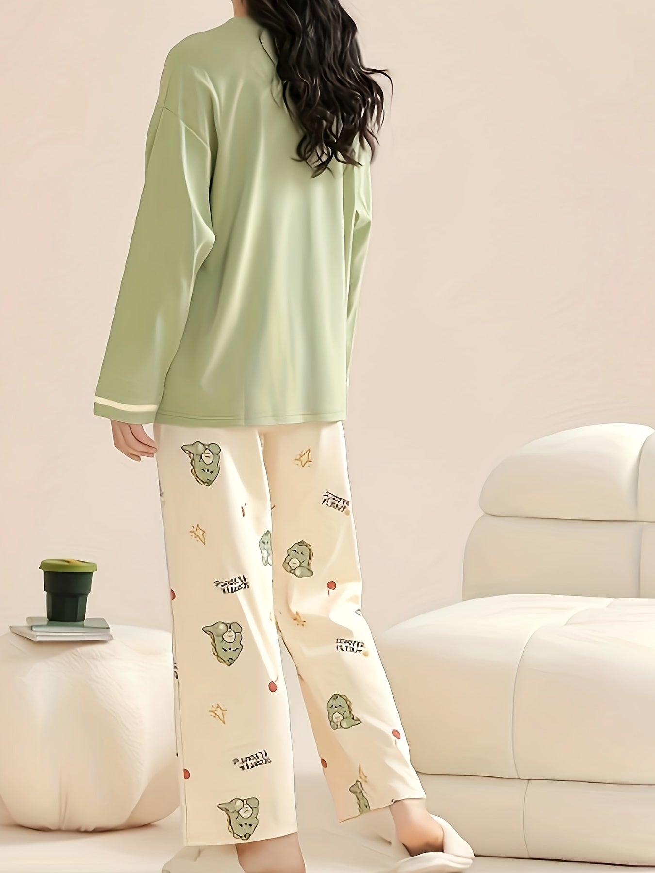 Dino Print Pajama Set Long Sleeve Top & Pants Women's Sleepwear