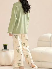 Dino Print Pajama Set Long Sleeve Top & Pants Women's Sleepwear