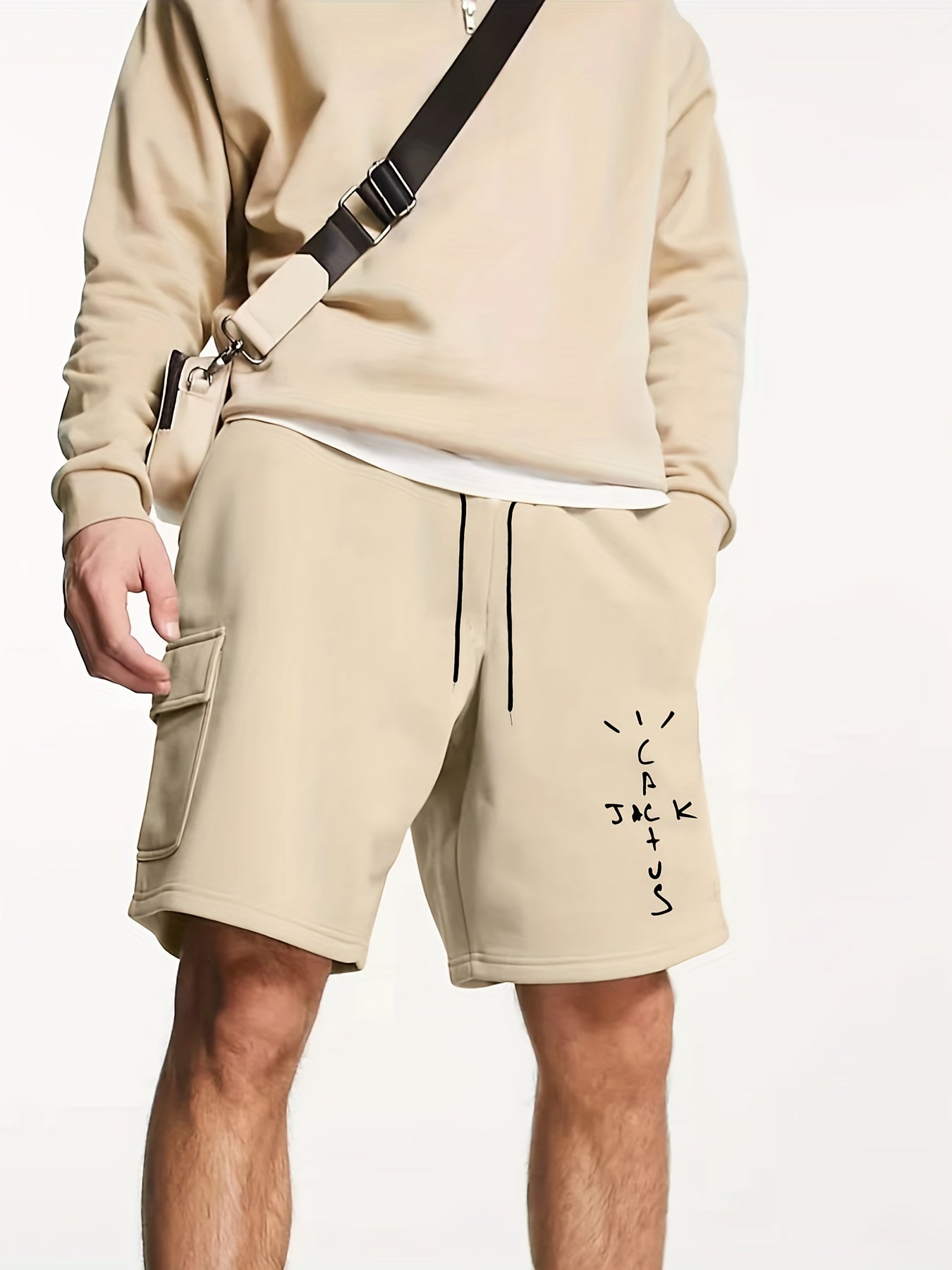 Men's Cross Letter Cargo Short Pants Lightweight Drawstring Loose Work Outdoors