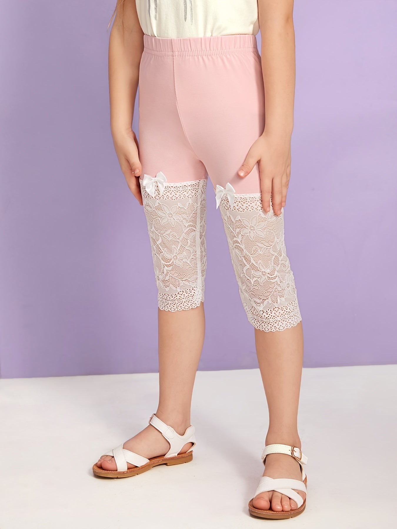 Girls Stretch Cotton Leggings Lace Splicing Cropped Pants