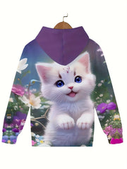 Girls Cartoon Kitty Hooded Pullover Sweatshirt