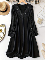 Women's Plus Rhinestone Long Sleeve V Neck Loose Fit Dress