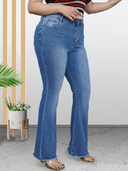 High Rise Flared Leg Jeans with Fringe Trim