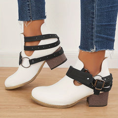 Women's Chunky Heel Ankle Boots with Metal Buckle Decor