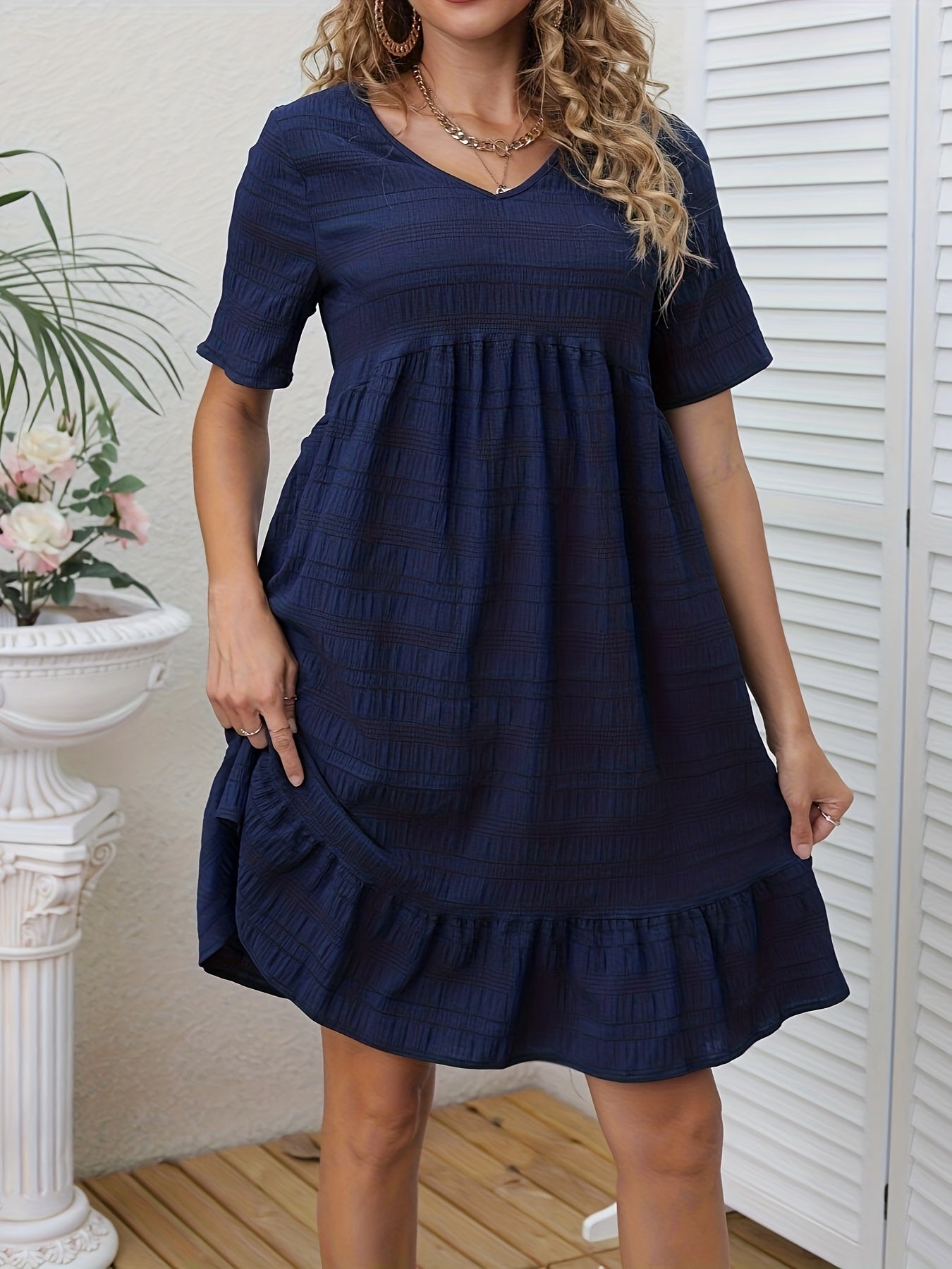 Ruched Solid Dress Casual V Neck Short Sleeve Summer Dress Women's Clothing