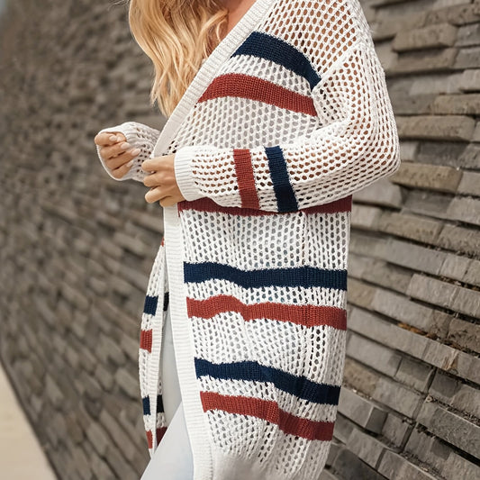 Striped Print Open Front Cardigan Beach Wear Long Sleeve Crochet Cardigan