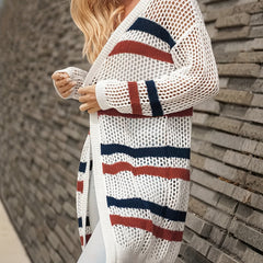 Striped Print Open Front Cardigan Beach Wear Long Sleeve Crochet Cardigan
