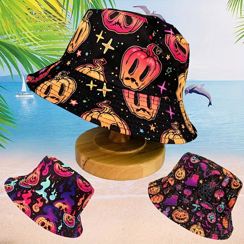 Unisex Sunshade Bucket Hat With Cartoon Pumpkin Print