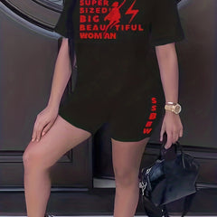 Woman Figure & Letter Print Tee & Shorts Set