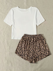 Leopard Print Pajamas Set Short Sleeve Top & Shorts Sleepwear Loungewear