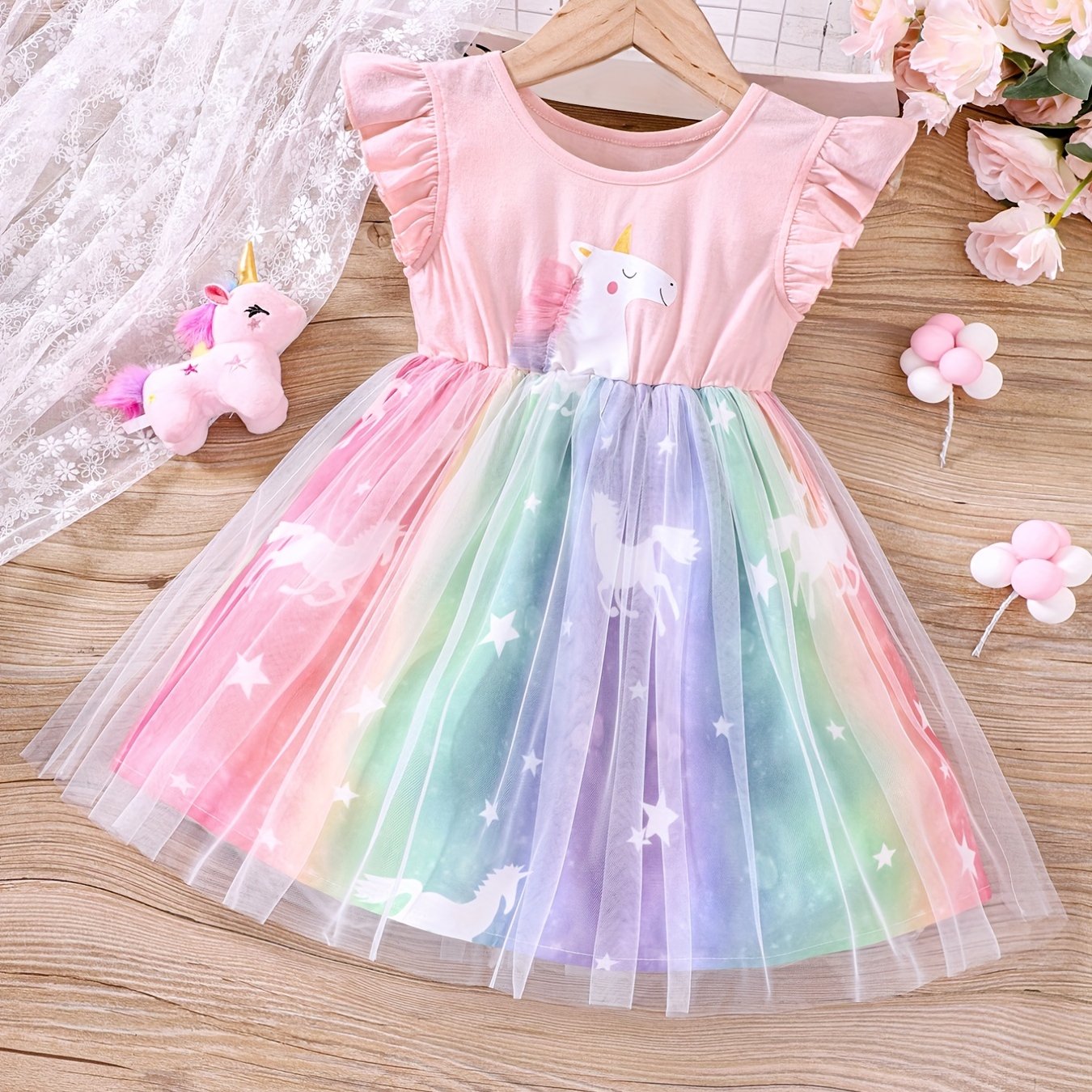 Toddler Girls Unicorn Ruffled Sleeveless Mesh Dress Kids Summer Clothes