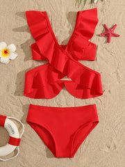 Mommy Kids Matching Swimsuit Ruffle Sleeve Swimwear
