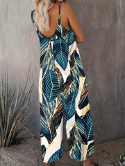 Leaf Print Wide Leg Jumpsuit Sleeveless Spaghetti Strap
