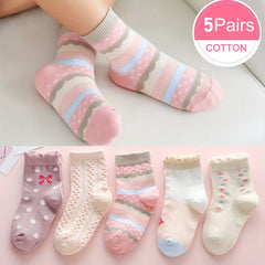 5 Pairs Casual Flower Bow Polka Dot Knit Socks