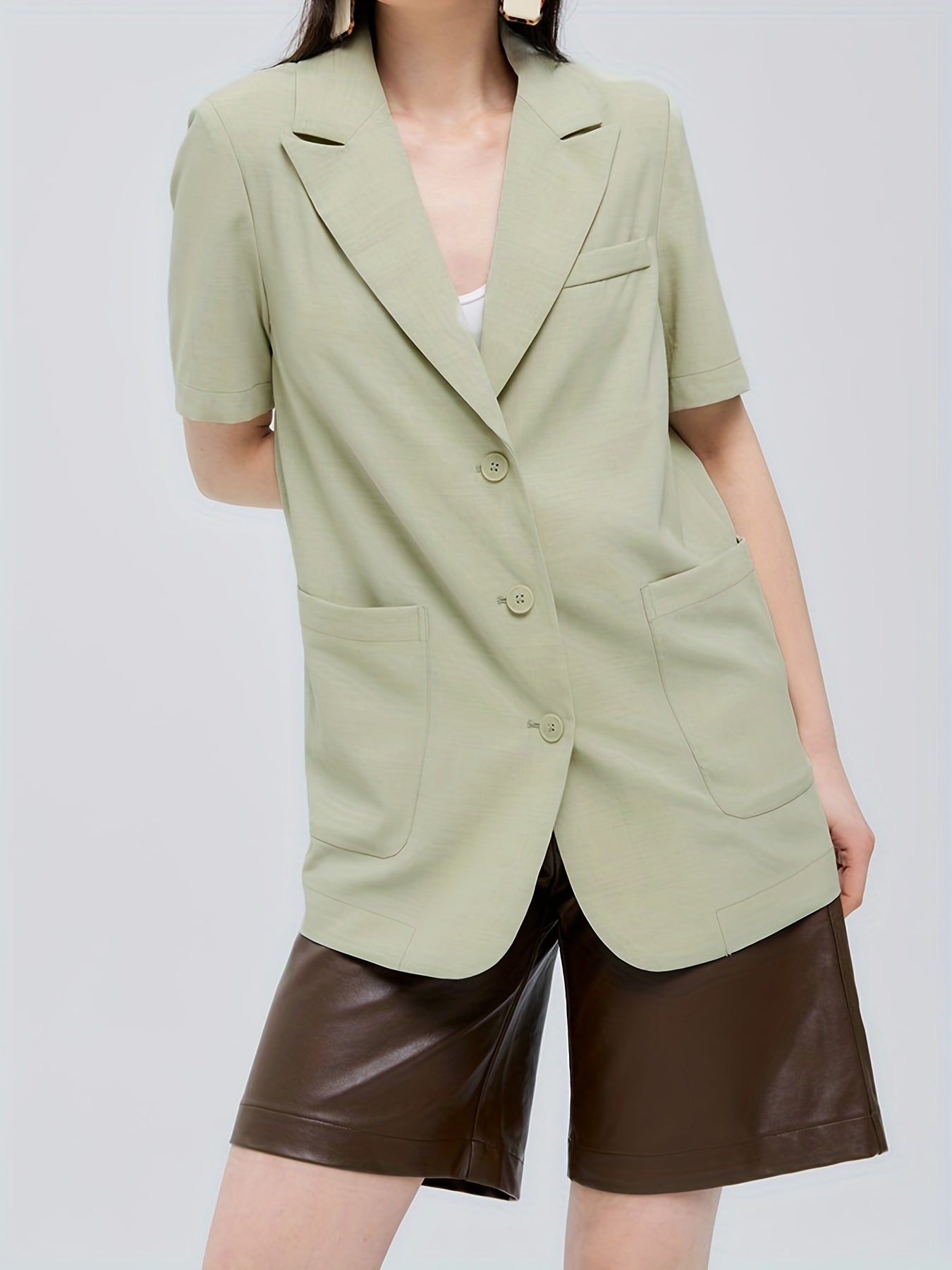 Short Sleeve Blazer Casual Button Front Solid Outerwear
