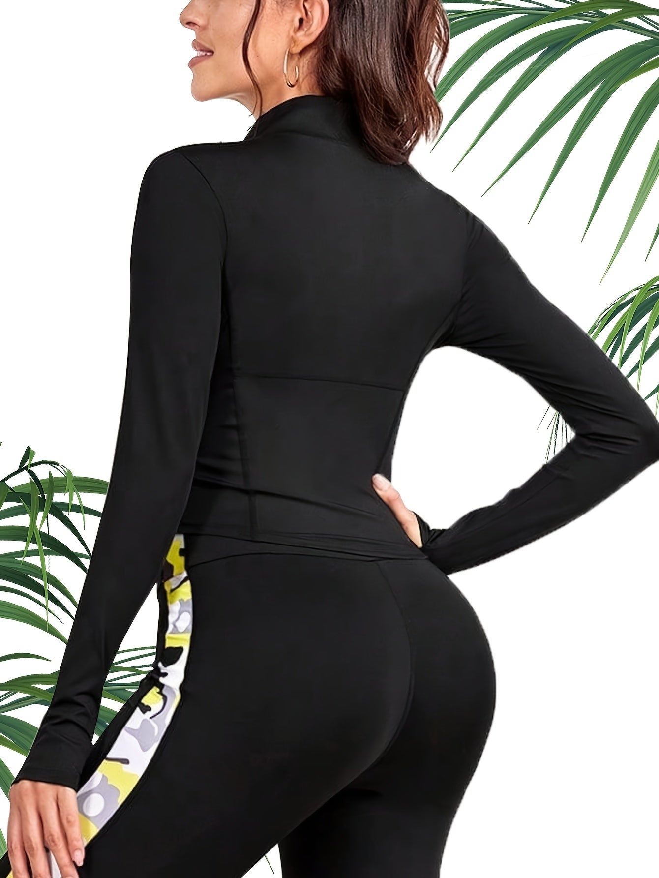 Block Zipper Slim Fit Yoga Jacket Long Sleeves Thumb Hole Sports Zipper Top