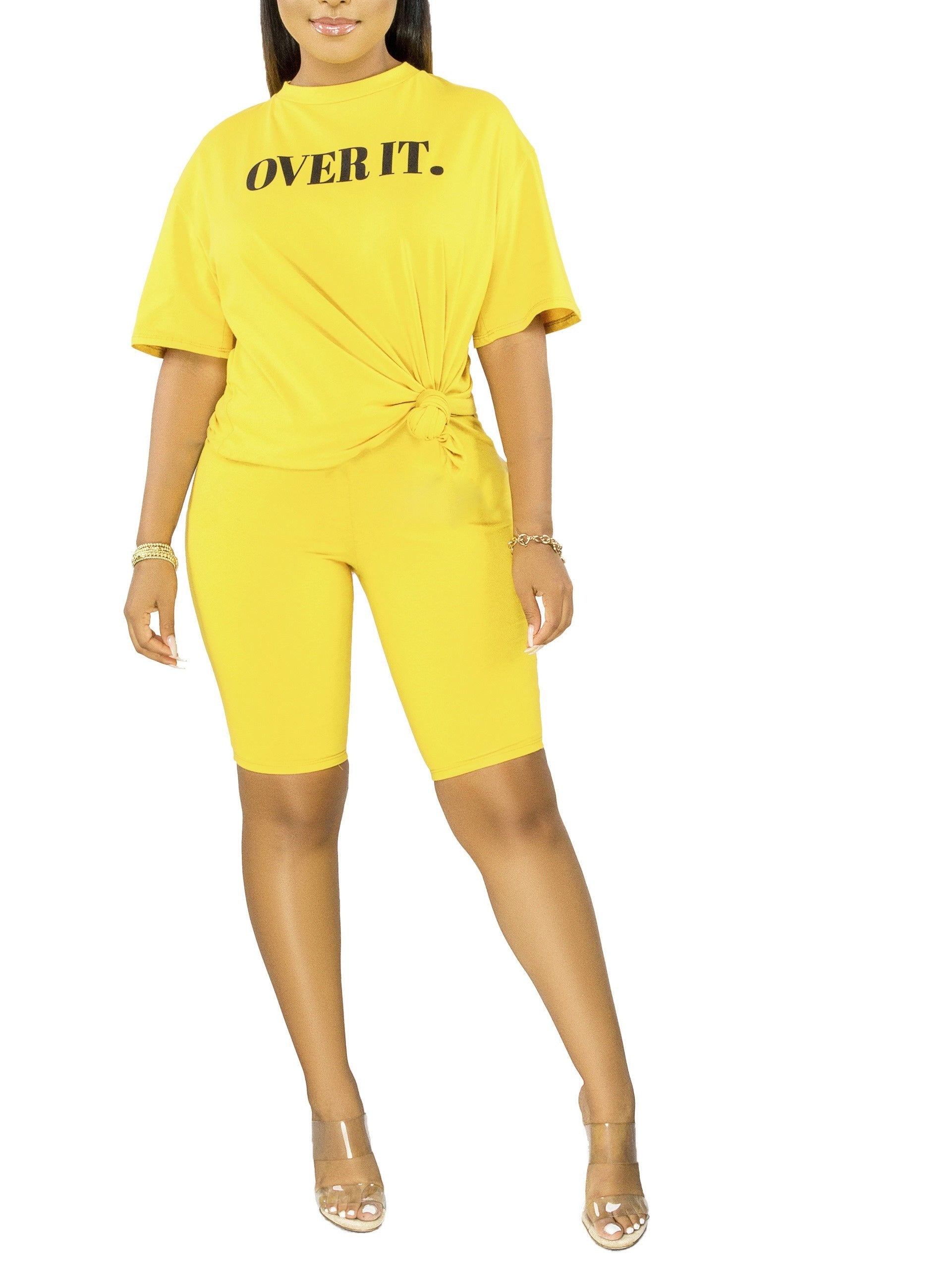 OVERIT Print Two piece Set Crew Neck Short Sleeve Top & Biker Shorts